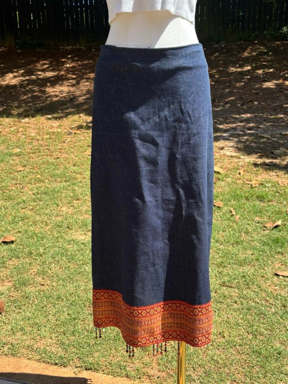 90s vintage Arden B denim beaded fringe & embroidered midi / maxi skirt 🍒